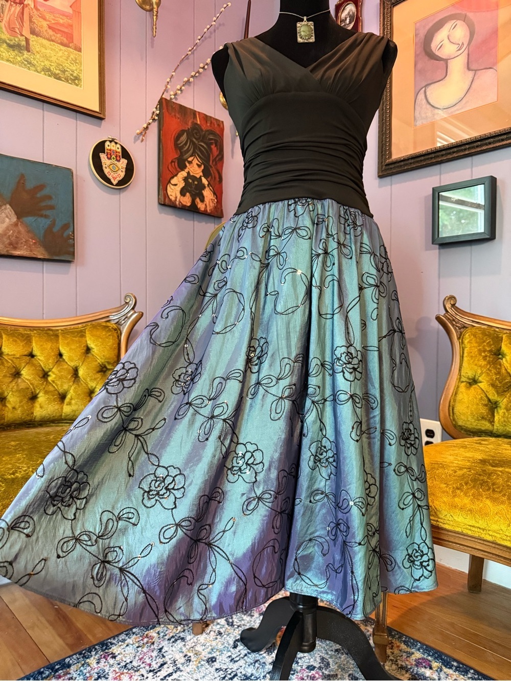 Vtg  S.L. Fashions Iridescent Sage Green, Purple, And Blue Floral V Neck Dress